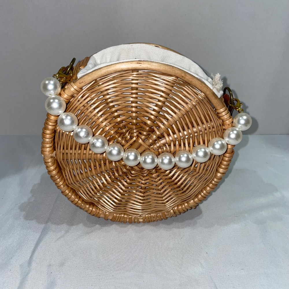Woven Round Wicker Bag Pearl Beaded Handle Tan Straw Circle Purse
